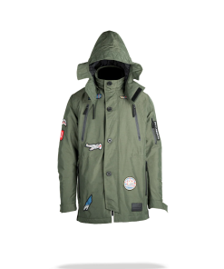 GREEN ARMY PATCHES LONG PARKA HOODY MENS (SIZE SMALL)